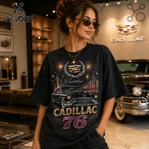 Black cotton t-shirt featuring a vintage Cadillac car, firework city skyline, and Cadillac 76 graphic print.!