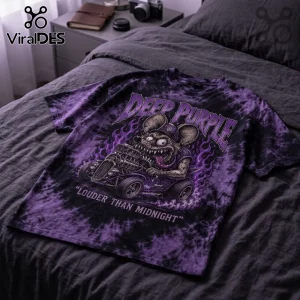 Deep Purple tie-dye t-shirt featuring a cartoon rat driving a hot rod with flames, black and purple fabric background.!