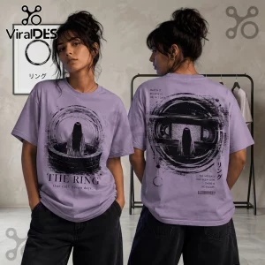 Lavender unisex t-shirt featuring Samara from The Ring movie, showcasing a black graphic of a well and VHS tape imagery.!