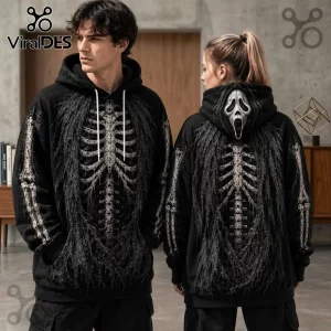 Ghostface Skeleton Halloween Pullover Hoodie 2026 featuring a white rib cage print and shredded fabric textures on black.