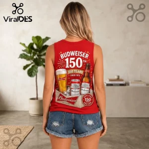Budweiser 150th Anniversary V-Neck Tank Top in red featuring graphics of beer bottles, cans, and a crate on the back.