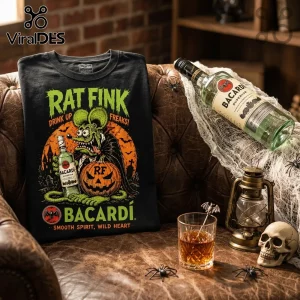 Rat Fink Bacardi Halloween Vintage Mascot T-Shirt featuring a green rodent character, a pumpkin, and rum branding.