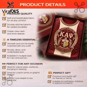 Kappa Alpha Psi fraternity t-shirt in deep red and cream with Greek letters and crest in a gift box.!