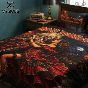 Iron Maiden bedding set featuring Eddie dancing with a woman in a red flamenco dress on a dark, gothic background.!