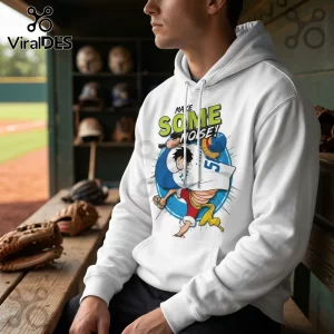 White hooded sweatshirt featuring One Piece anime character Monkey D. Luffy wearing a baseball uniform and holding a bat.!