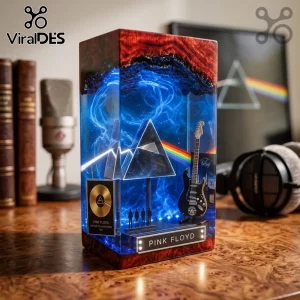 Pink Floyd resin block lamp with internal prism, guitar miniature, and gold record on a burl wood and blue epoxy base.!