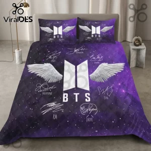 BTS Purple Galaxy Wings 3-Piece Bedding Set featuring white angel wings, the BTS logo, and member signatures on violet.