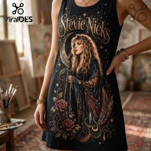 Black tank dress featuring a gold and colorful Stevie Nicks illustration with crescent moon, roses, and feathers.!