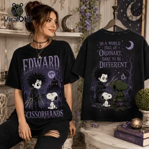 Edward Scissorhands x Snoopy Halloween black t-shirt featuring graphic art of the characters under a night sky.