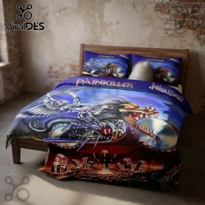 Judas Priest Painkiller album cover art bedding set with metallic dragon character on a dark blue background.!