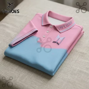 BTS x Army Custom Name Pink Polo Shirt featuring a light blue bottom section, button placket, and embroidered logo detail.
