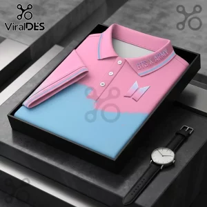 BTS x Army Custom Name Pink Polo Shirt featuring a two-tone pink and blue design, button placket, and logo embroidery.