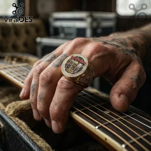 Gold Iron Maiden band logo ring with multiple Eddie character faces worn on a tattooed hand resting on guitar strings.!