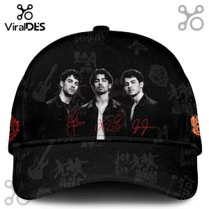 Black Jonas Brothers baseball cap featuring a printed trio photo with red embroidered signatures on the front crown.!