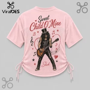 Guns N Roses Sweet Child O Mine pink lace-up jersey featuring a graphic of Slash playing guitar on the back.