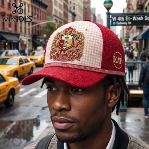Kappa Alpha Psi baseball cap in crimson and cream with an ornate gold 3D crest, Greek lettering, and paisley textures.!