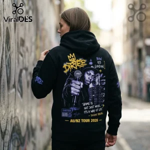 Black hooded sweatshirt featuring a Dizzee Rascal graphic, yellow text, and London tour details on the back.!