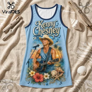 Kenny Chesney graphic tank top featuring country singer with acoustic guitar, sunset beach scene, and tropical hibiscus.!