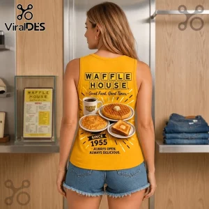 Waffle House Retro 1955 Logo V-Neck Tank Top in yellow featuring a back graphic of breakfast food and vintage branding.