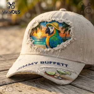 Jimmy Buffett Parrot Embroidered Distressed Baseball Cap featuring a tropical beach scene, yellow hat, and margarita.
