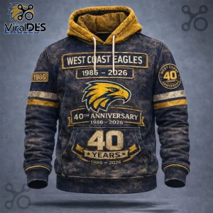 West Coast Eagles 40th anniversary hoodie with navy blue distressed fabric, yellow gold hood, and eagle team logo emblem.!