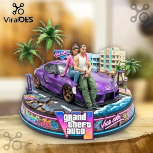 Grand Theft Auto Vice City resin diorama featuring a purple Toyota Supra, two characters, palm trees, and neon signage.!