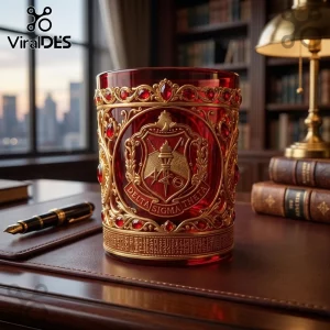 Red crystal glass with gold filigree and ruby-colored gems featuring the Delta Sigma Theta crest on a leather desk.!