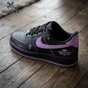 IVE Show What I Am Black Purple Custom Air Force 1 shoes with star graphics and text on a dark wood grain background.