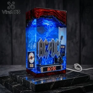 AC/DC band logo resin lamp with internal blue LED glow, miniature guitar, and gold record plaque on a marble base.!