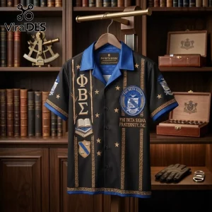 Phi Beta Sigma short-sleeve button-down shirt with Greek letters, gold trim, and fraternity crest on a wooden hanger.!