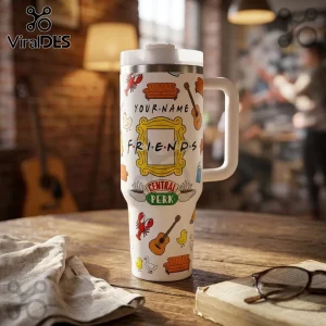 White stainless steel tumbler with handle featuring Friends show icons, Central Perk logo, and custom name text area.!