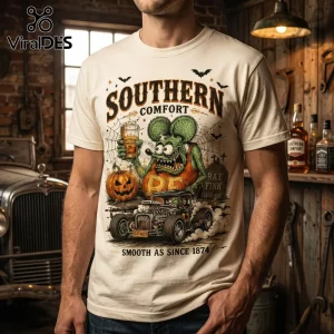 Rat Fink Southern Comfort Halloween Mascot T-Shirt featuring a green rodent character, vintage hot rod, and pumpkin art.