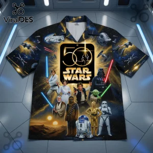 Star Wars 50th anniversary short-sleeve button-up shirt featuring Luke Skywalker, Darth Vader, and iconic space vehicles.!