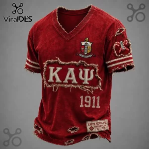 Red distressed V-neck Kappa Alpha Psi jersey with Greek lettering, 1911 emblem, and stitched candy cane patch.!