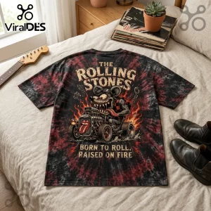 Black and red tie-dye t-shirt with The Rolling Stones graphic featuring a rat driving a hot rod on a bed.!