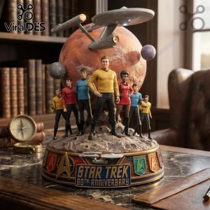 Star Trek 60th anniversary figurine featuring Captain Kirk and crew on a moon base with the USS Enterprise model above.!