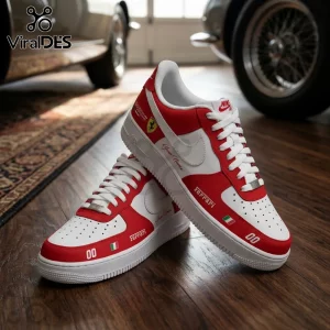 Scuderia Ferrari Formula 1 Custom Nike Air Force 1 Sneakers in red and white leather with racing livery and Italian flags.