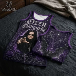 Ozzy Osbourne tank top with purple and black gothic print featuring a portrait, bat, cross, and rose graphic elements.!