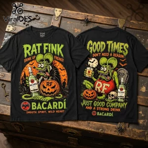 Rat Fink Bacardi Halloween Vintage Mascot T-Shirt featuring dual prints of the green rat character with rum bottles.