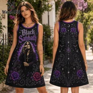 Black Sabbath sleeveless dress featuring Ozzy Osbourne, purple roses, filigree patterns, and a crescent moon graphic.!
