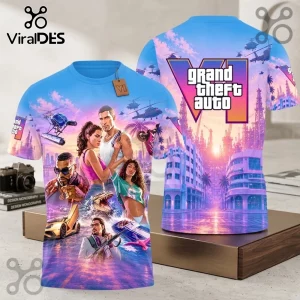 Grand Theft Auto VI Vice City hoodie with full-print vibrant sunset colors, character graphics, and palm tree silhouettes.