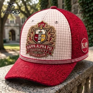 Kappa Alpha Psi baseball cap in crimson and cream with an ornate fraternity crest, houndstooth panels, and floral embossing.!