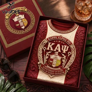 Kappa Alpha Psi crimson and cream textured t-shirt with gold crest, Greek lettering, and ornate scrollwork in a gift box.!