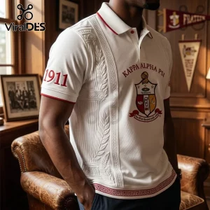 White polo shirt with Kappa Alpha Psi crest, red Greek key trim, 1911 sleeve text, and embossed column side panel design.!