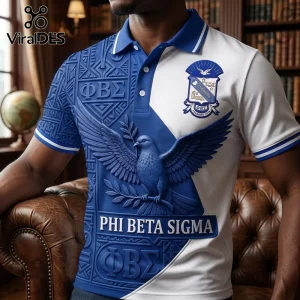 Phi Beta Sigma polo shirt in royal blue and white with embossed dove emblem, 1914 text, and Greek lettering.!