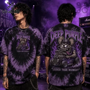 Deep Purple tie-dye t-shirt featuring a cartoon rat driving a hot rod, purple flames, and Louder Than Midnight text.!