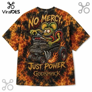 Black and orange tie-dye T-shirt featuring a cartoon rat driving a hot rod with NO MERCY JUST POWER GODSMACK text.!