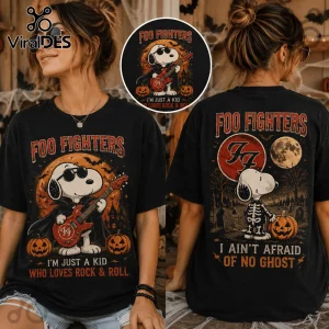 Foo Fighters x Snoopy Halloween black t-shirt featuring rockstar Snoopy with guitar on front and skeleton graphic on back.