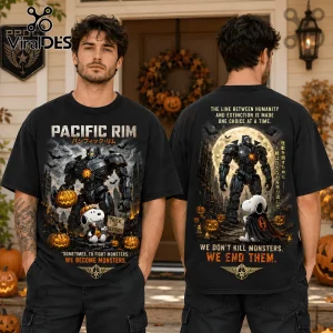 Pacific Rim x Snoopy Halloween Mecha Jaeger black t-shirt featuring Gipsy Danger, Snoopy in a cape, and carved pumpkins.