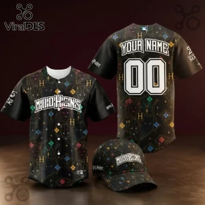 Toledo Mud Hens x Harry Potter black baseball jersey and matching cap featuring magical motifs and customizable lettering.